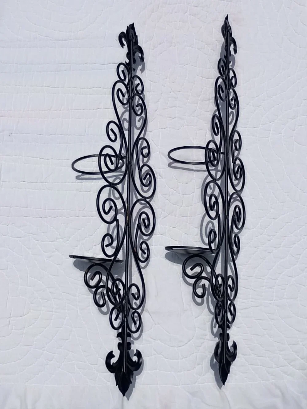 Vintage Wrought Iron Wall Sconces Fleur de Lis Pillar Candle Holders Black Gold
